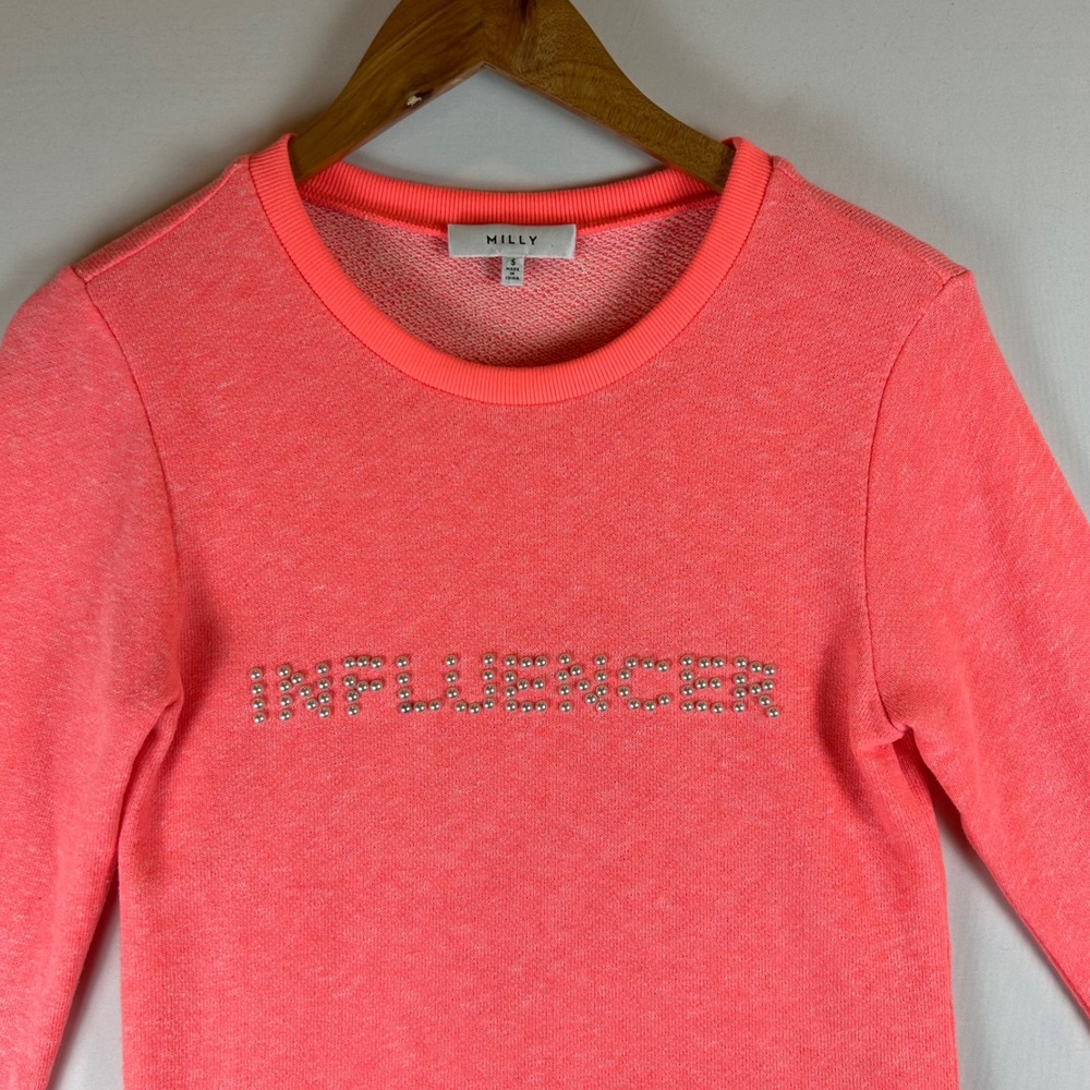Milly Womens Neon Pink Influencer Pearl Embellished French Terry Sweatshirt S - Picture 6 of 9